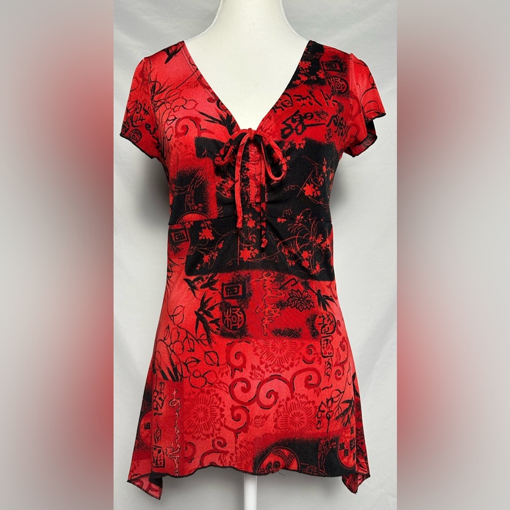 MARIPOSA Vintage Red Asian Napkin‎ Hem Whimsigoth Butterfly Short Sleeve Size M